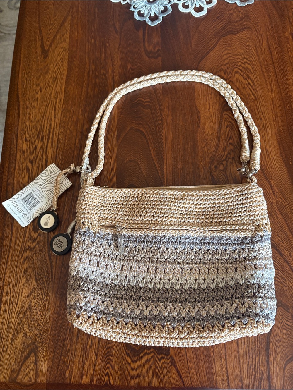 The Sak Crochet Shoulder Bag in Beige and Gray - Picture 2 of 8